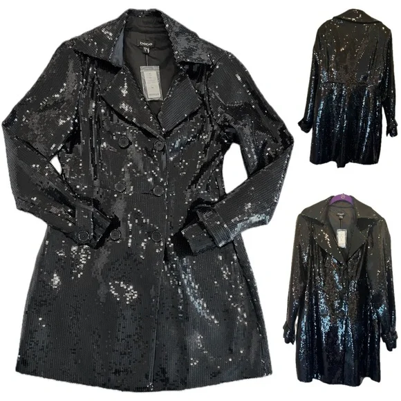 BEBE NWT SEQUIN TRENCH COAT BLACK SHINY TUXEDO COUTURE GALA FORMAL JACKET GLAMOR - Picture 2 of 16